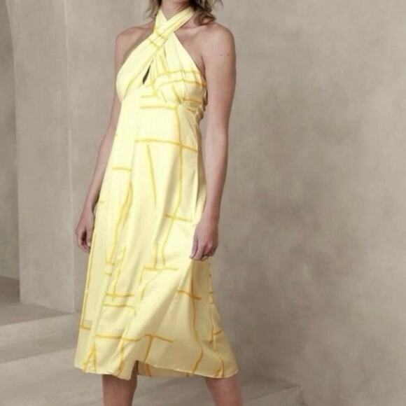 Banana Republic Yellow Halter Midi Dress Geometric Print Coastal 

 Size 12 - Picture 4 of 10